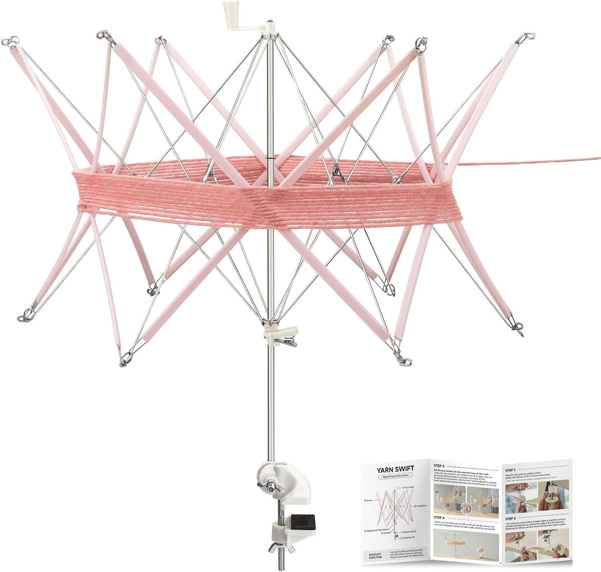 INMAKER Yarn Swift, Pink Yarn Umbrella Swift for Crocheting | Adjustable, Durable ABS Plastic, Stainless Steel, Easy to Use, Quick Install, Protable, Tabletops Up to 1.5"