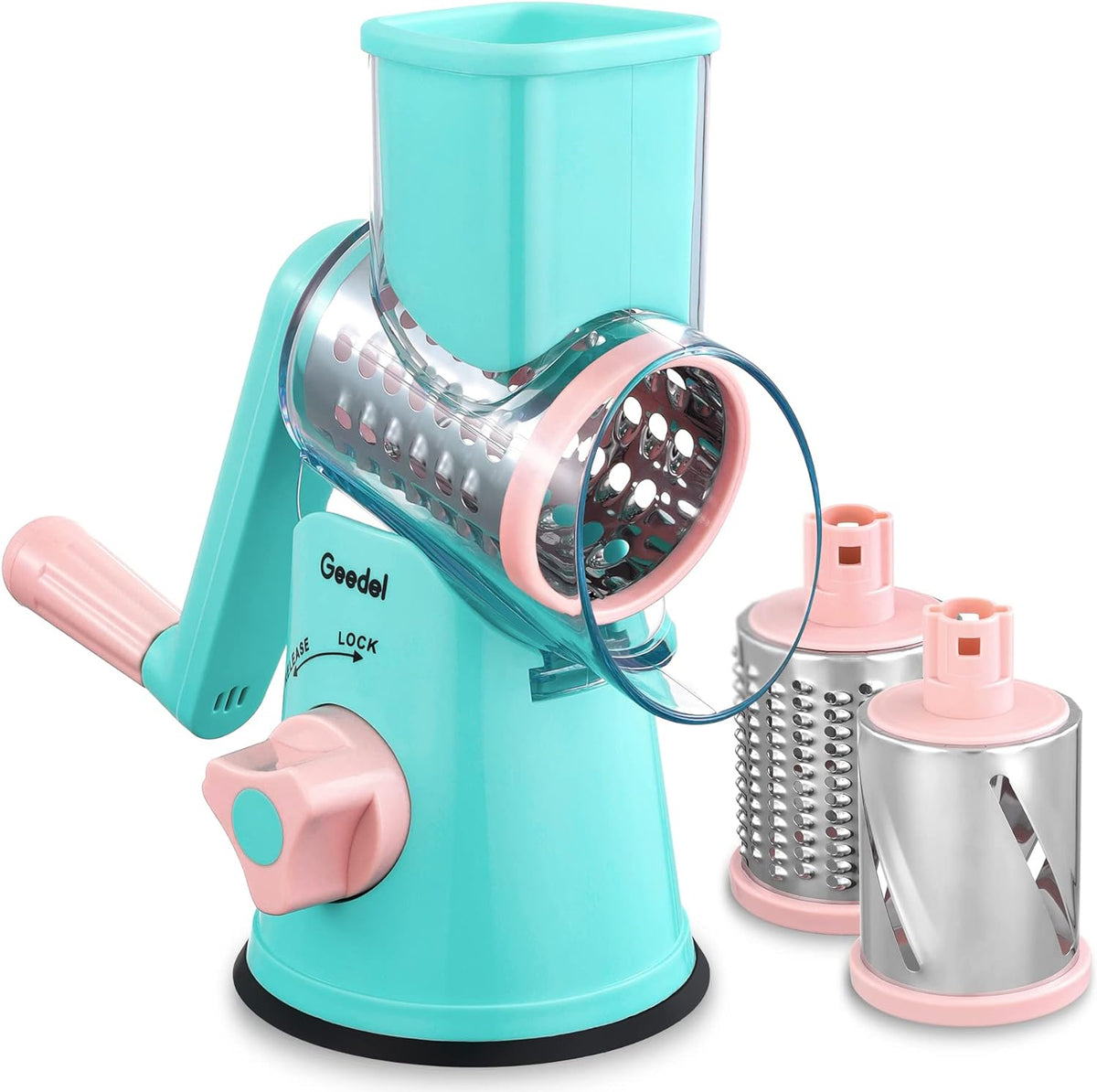 Geedel Kitchen Cheese Grater, Rotary Mandoline Vegetable Slicer with Interchangeable Blades, Easy to Use Rotary Grater Slicer for Fruit, Vegetables, Nuts - PuriLite
