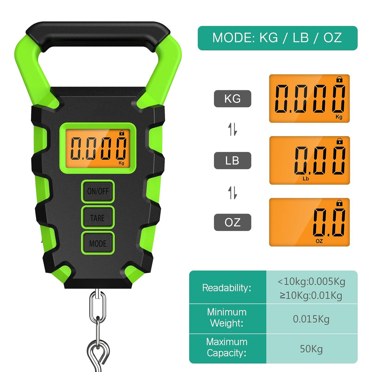 ORIA Fish Scale Digital, Fishing Scale, Fish Scale with Ruler and Fish Gripper, 110lb/50kg Baggage Weighing Scale, Backlit LCD Display (Orange) - PuriLite