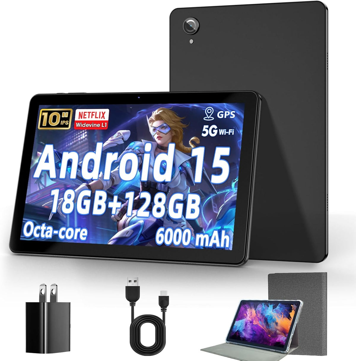 10 Inch Tablet, Android 15 Tablets with 18GB RAM+128GB ROM(Expand to 1TB), Octa Core 1280 * 800 IPS HD Display, 6000mAh Battery, Dual 5MP+8MP Camera, 5G/2.4G WiFi - PuriLite
