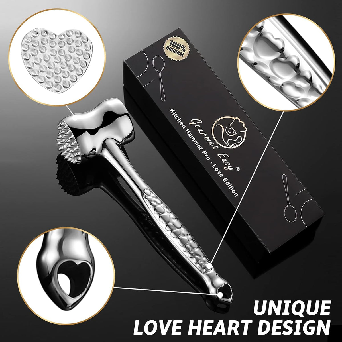 Stainless Steel Meat Tenderizer Tool, Premium Meat Mallet with Non-Slip Grip, Dual-Sided with Heart Shape Design for Tenderizing Steak, Poultry & Chicken Cutlet, Dishwasher Safe, Lifetime Replacement - PuriLite