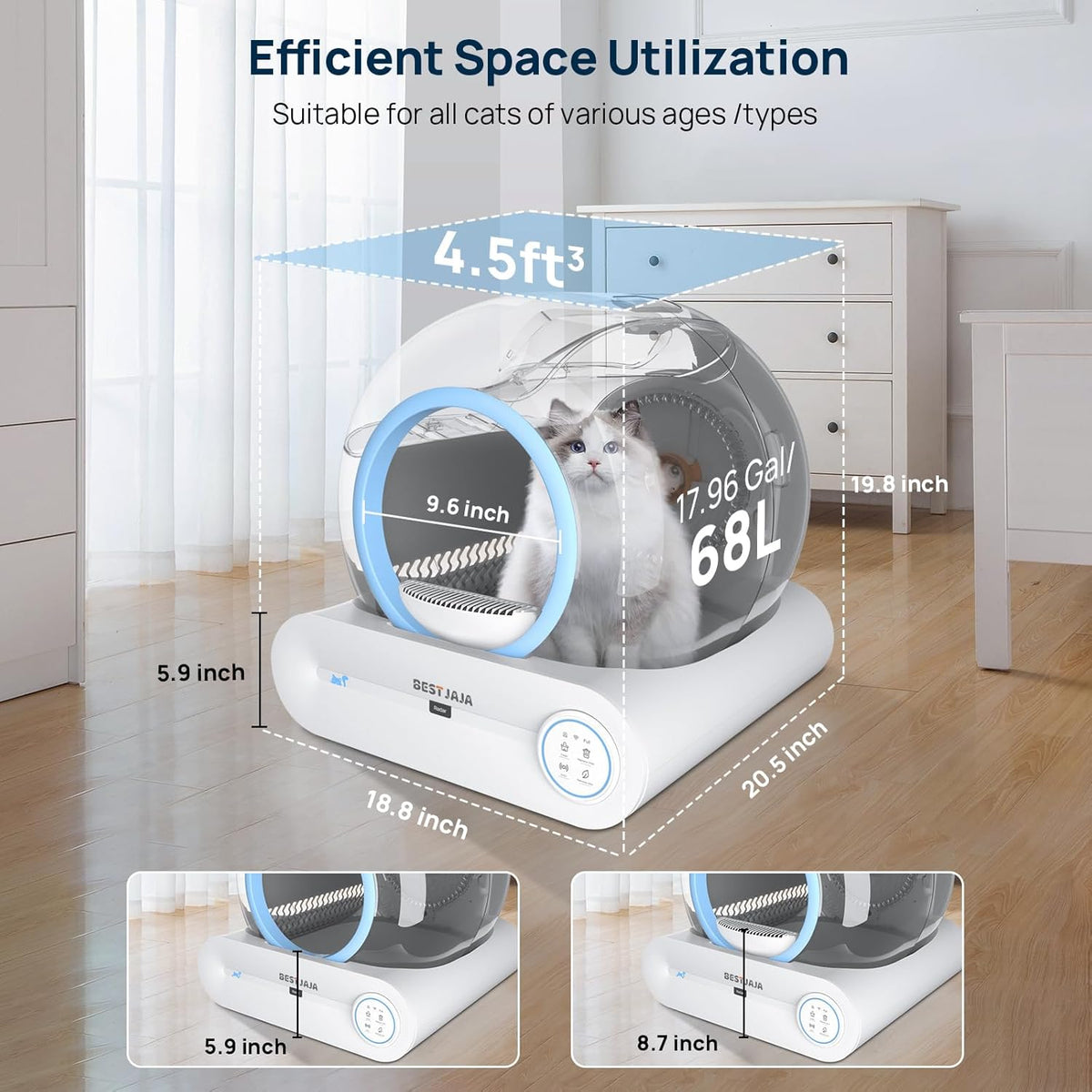Self Cleaning Litter Box, 2025 Upgraded Automatic Cat Litter Box with Mat & Multiple Cleaning Tools, 68L+9L Large Capacity Litter Box Robot, Suitable for Multiple Cats, APP Control (Blue) - PuriLite