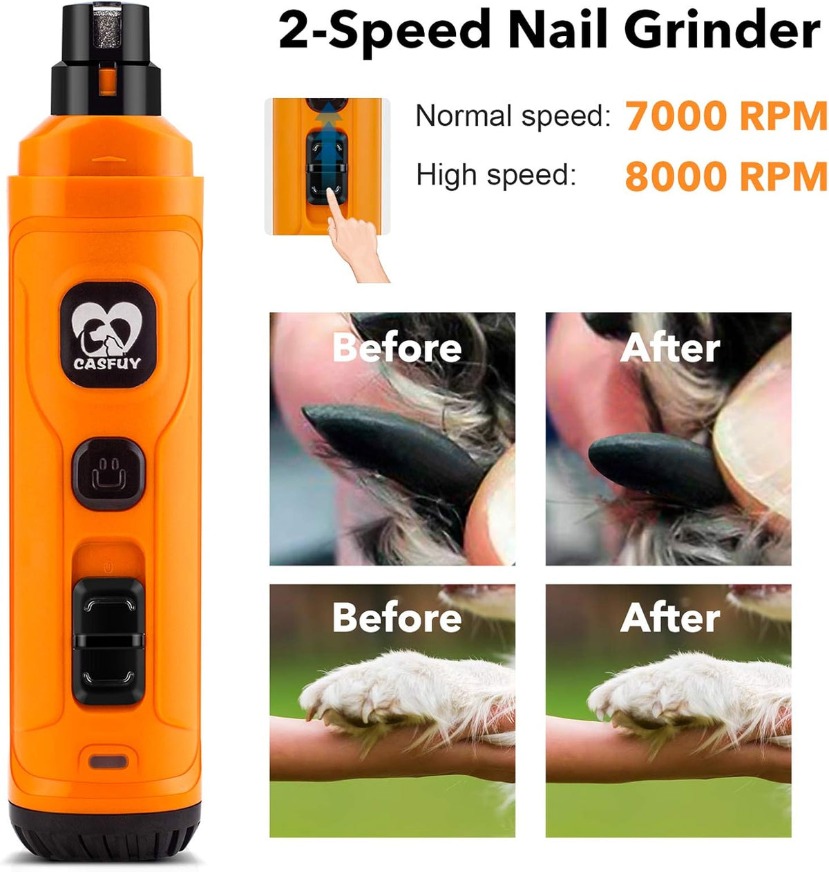 Casfuy Dog Nail Grinder with 2 LED Light - New Version 2-Speed Powerful Electric Pet Nail Trimmer Professional Quiet Painless Paws Grooming & Smoothing for Small Medium Large Dogs and Cats (Blue) - PuriLite