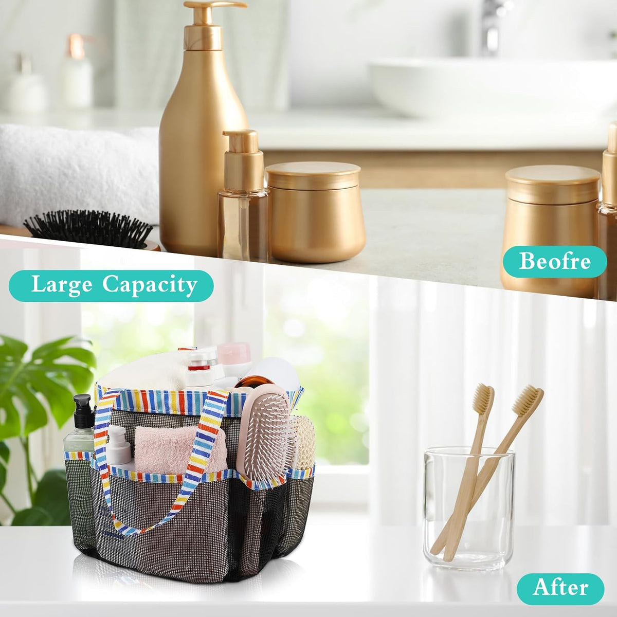 Attmu Mesh Shower Caddy Portable for College Dorm Room Essentials with 8 Pockets, Hanging Shower Caddy Basket Tote Bag Toiletry Accessories for Bathroom - PuriLite
