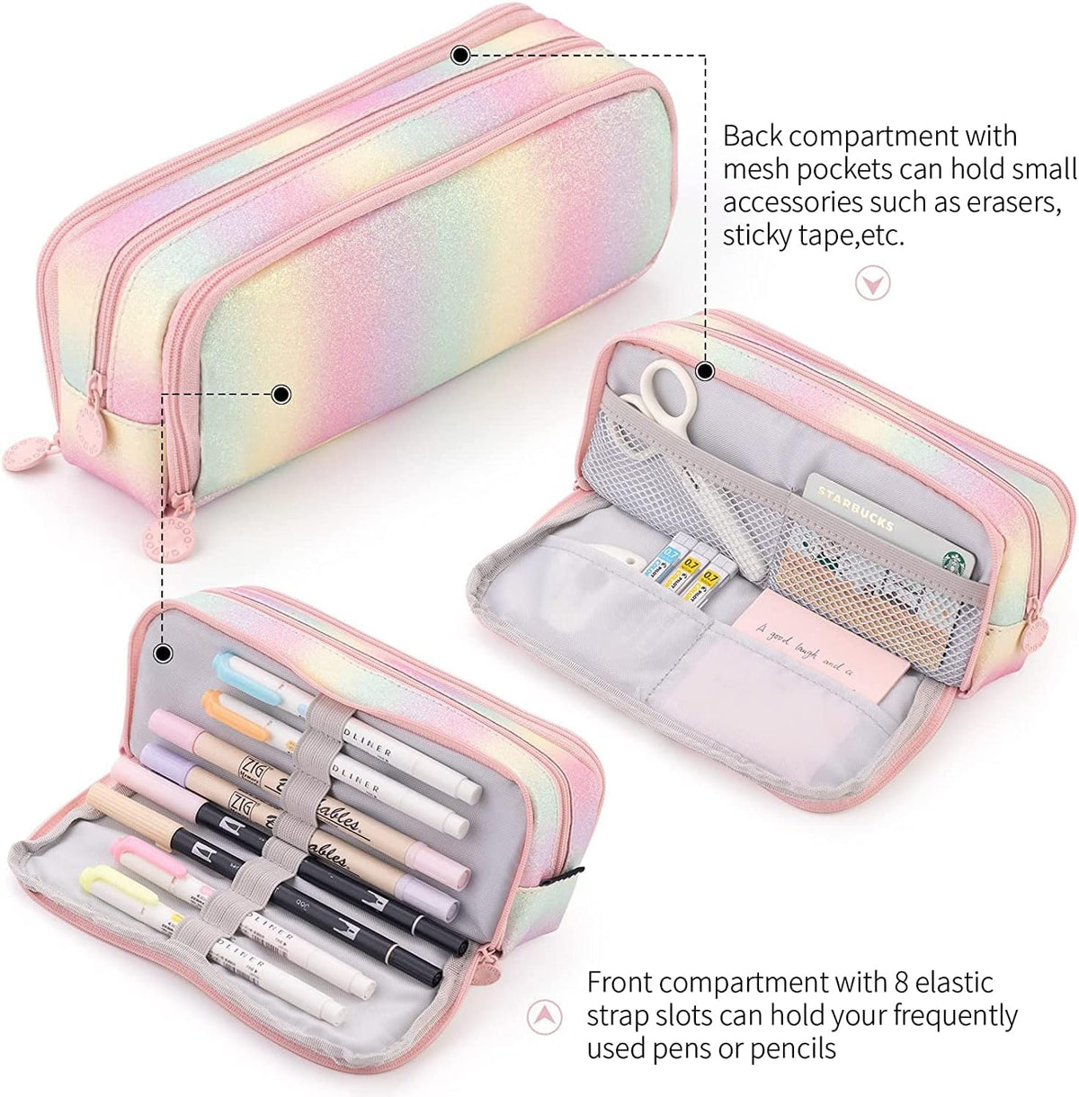 Big Capacity Pencil Case, OLIYuMi 3 Compartment Pencil Pouch Pencil Bag Storage Box Stationery Organizer Makeup Bag with Zipper Closure for Student Office College Boys and Girls (Pink) - PuriLite
