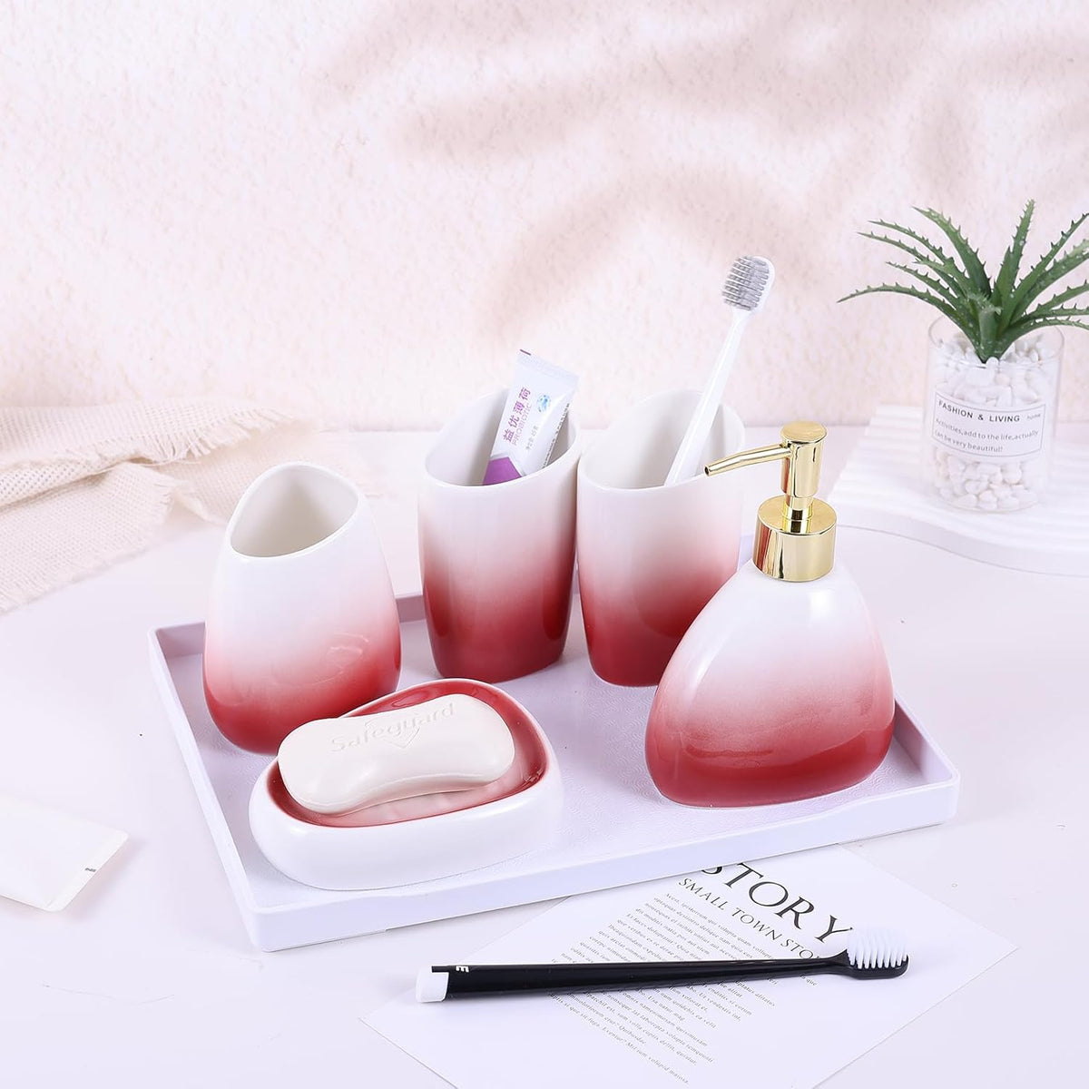 White Bathroom Accessories Set,Modern Countertop Bathroom Decor,Luxury 6 Piece Bathroom Accessory Set,Complete with Soap Dispenser,Toothbrush Holder,Tumbler,Tray - PuriLite
