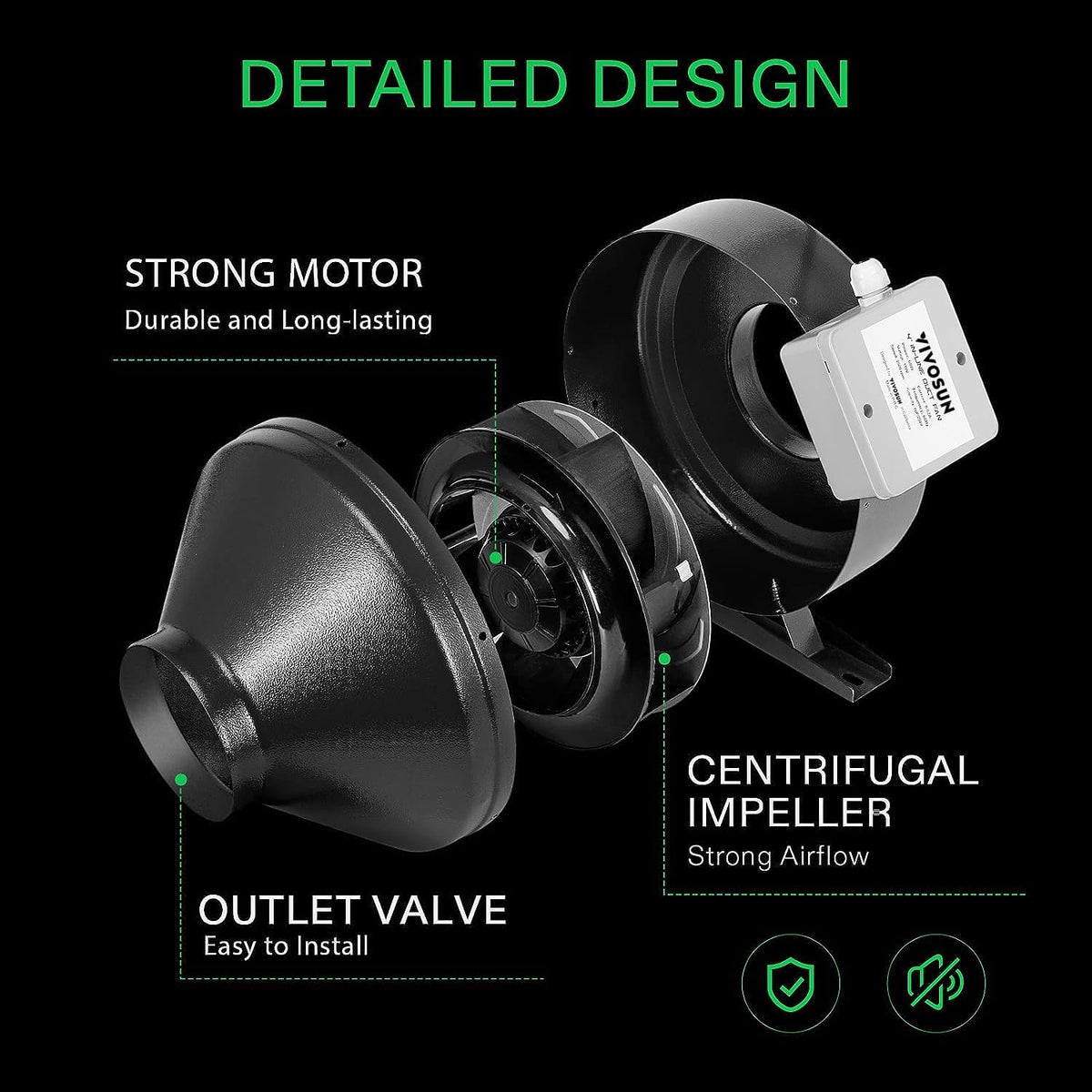 VIVOSUN Z6 6 Inch Inline Duct Fan, 440 CFM Ventilation Fan with Variable Speed Controller for Grow Tent, Indoor Garden Ventilation, Black - PuriLite