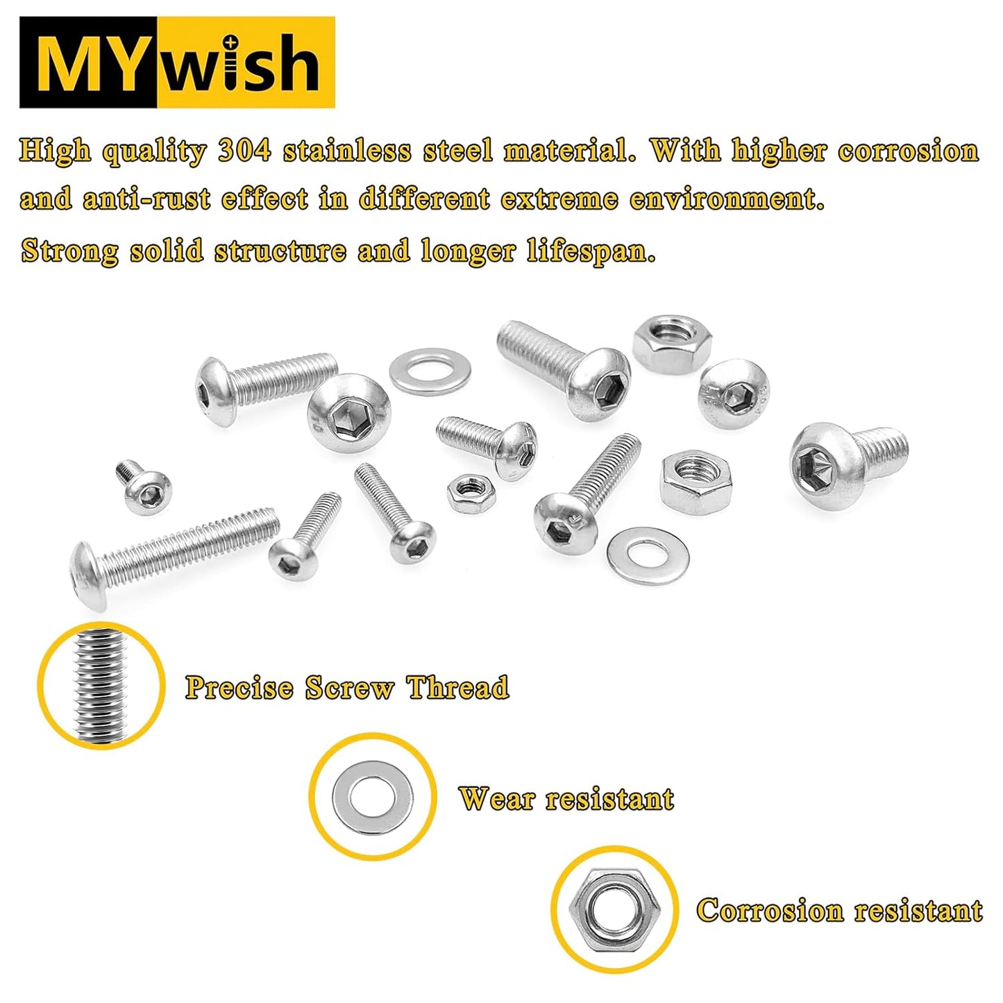 Mywish 900Pcs Metric Screw Assortment, M3 M4 M5 M6 Screw Assortment Kit 304 Stainless Steel Hex Socket Button Head Socket Cap Metric Screws Bolts & Flat Washers/Nuts/Hex Wrenches 16 Sizes 8MM to 20MM - PuriLite