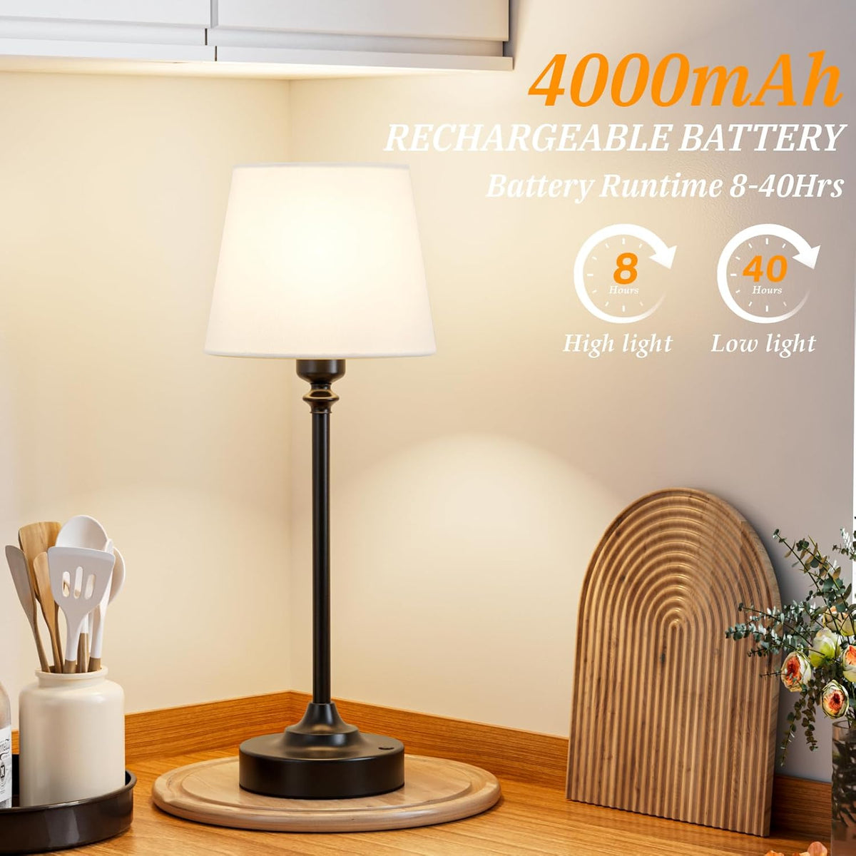 Rechargeable Cordless Table Lamp: 3000k Stepless Dimming, 1 Pack Brass 4000mAh Battery Operated Wireless Touch Lamp for Dining Table, Counter, Living Room, Bedroom - PuriLite