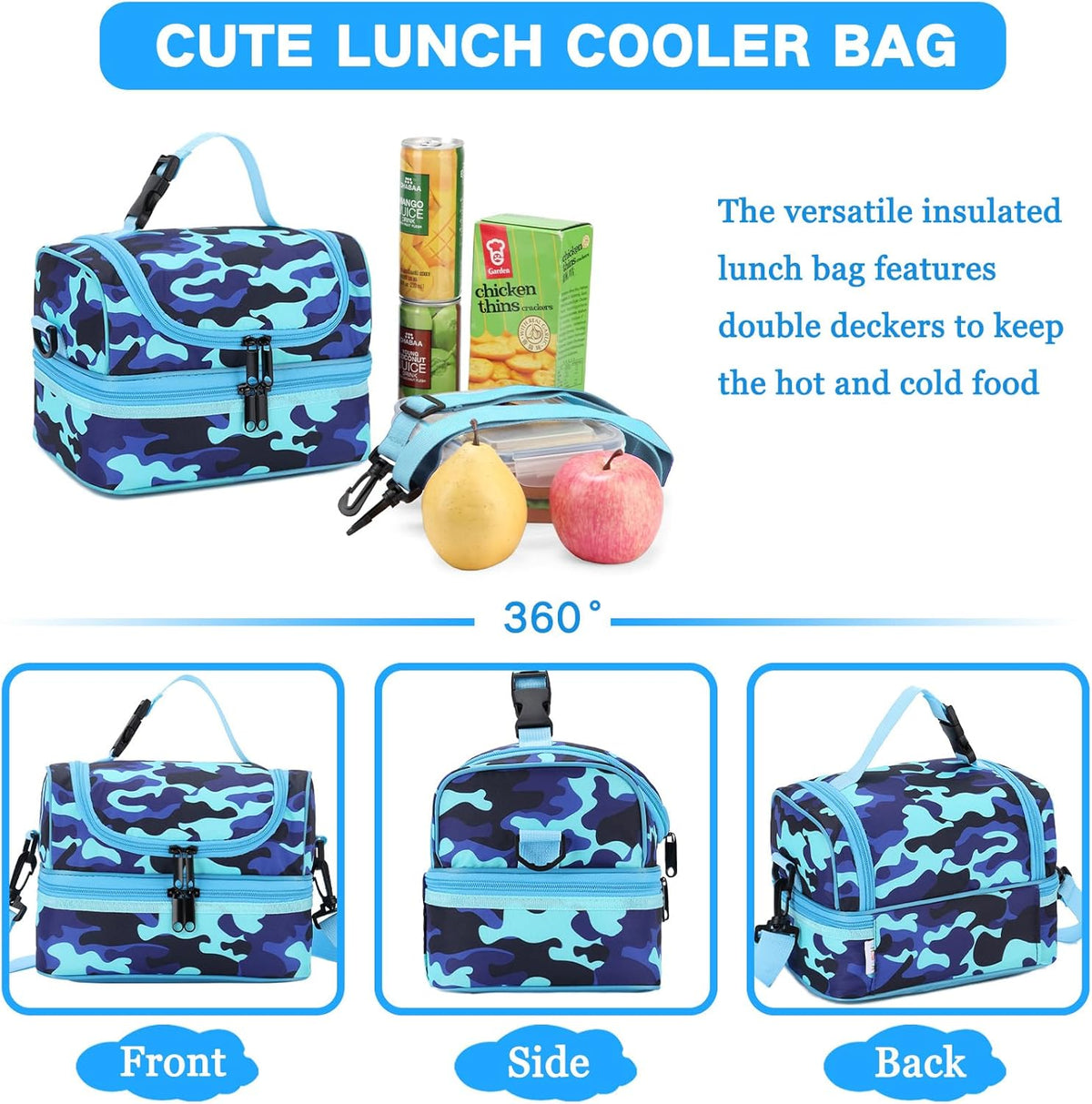 VASCHY Lunch Box Bag Men, Insulated Two Compartments Bento Cooler Bags for Adults/Women/Kids for School,Daycare,Kindergarten,Picnic Black - PuriLite