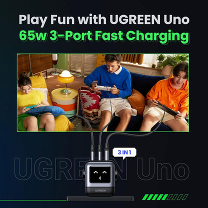 UGREEN Uno 65W USB C Charger Block, Nexode GaN Fast Charging 3-Port, Compact Wall Plug Power Adapter for MacBook Pro/Air, iPhone 16 15 Pro, Galaxy S24 Ultra, Pixel 8, iPad, Steam Deck, Black - PuriLite