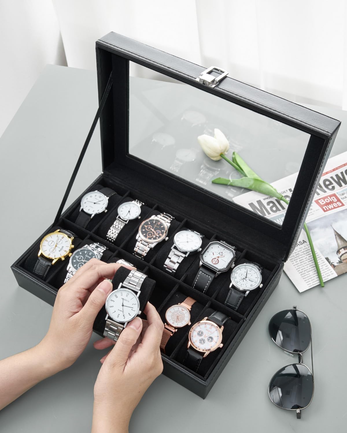 Ohuhu Watch Box Organizer for Men -12 Slot Leather Watch Case with Real Glass Lid Watch Display Case, Watch Organizer Jewelry Storage Box - PuriLite