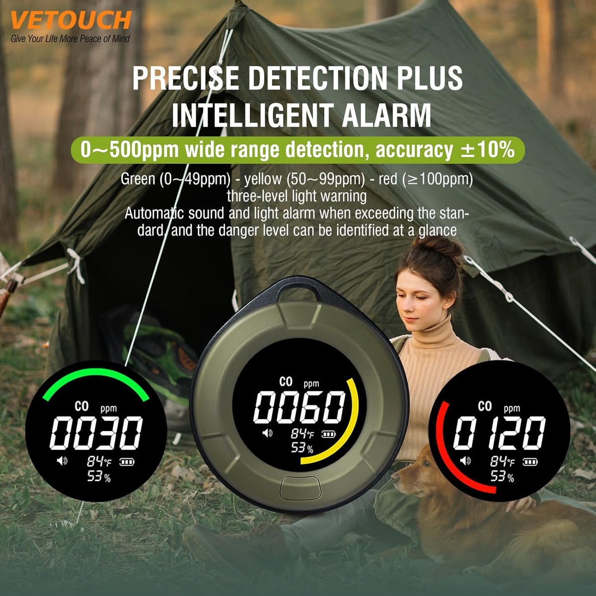Portable Carbon Monoxide Detector, 3 in 1 CO/Temperature/Air Humidity MeterDetector with Round HD LCD Display, Portable CO Detector for Home, Camping and Travel - PuriLite