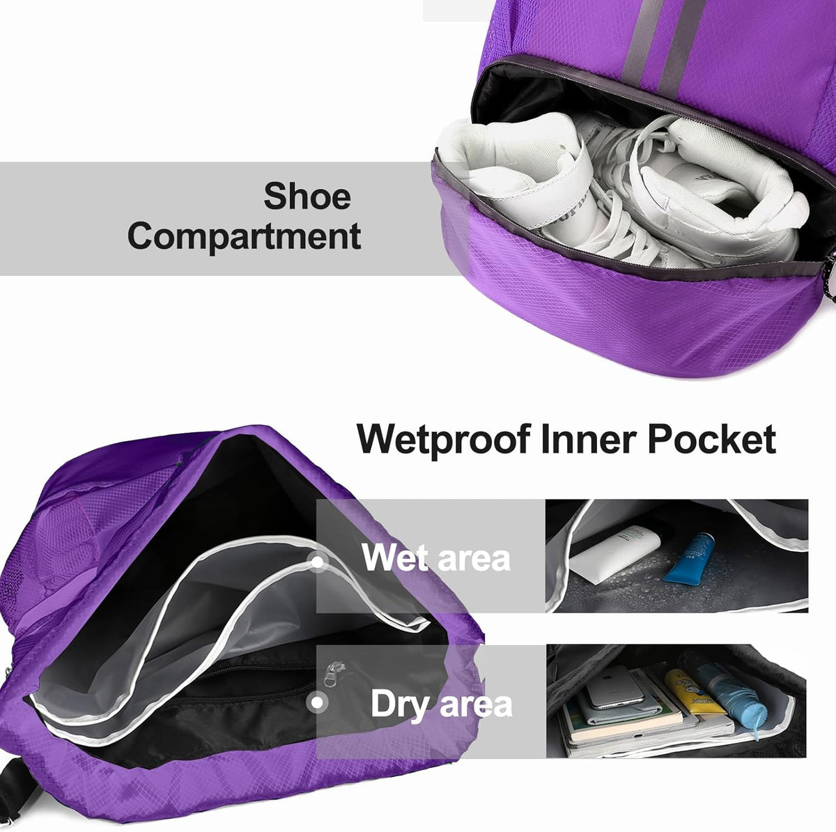 Hoedia Sports Drawstring Backpack - String Swim Gym Bag with Shoes Compartment and Wet Proof Pocket for Women/Men - PuriLite