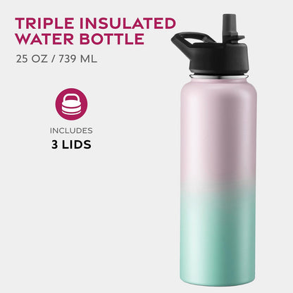 FineDine Water Bottle - Stainless Steel Insulated Water Bottle with Straw Lid, Flip Lid & Wide-Mouth Cap - Keeps Hot and Cold - 25 Oz / 739ml - Pure Pearly White - PuriLite
