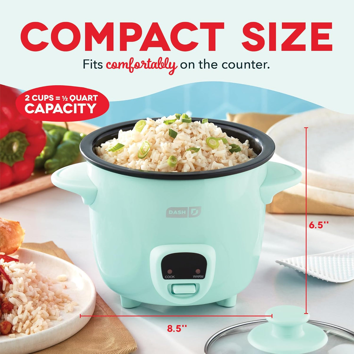 Dash DRCM200GBAQ04 Mini Rice Cooker with Keep Warm, 2 cup, Aqua - PuriLite
