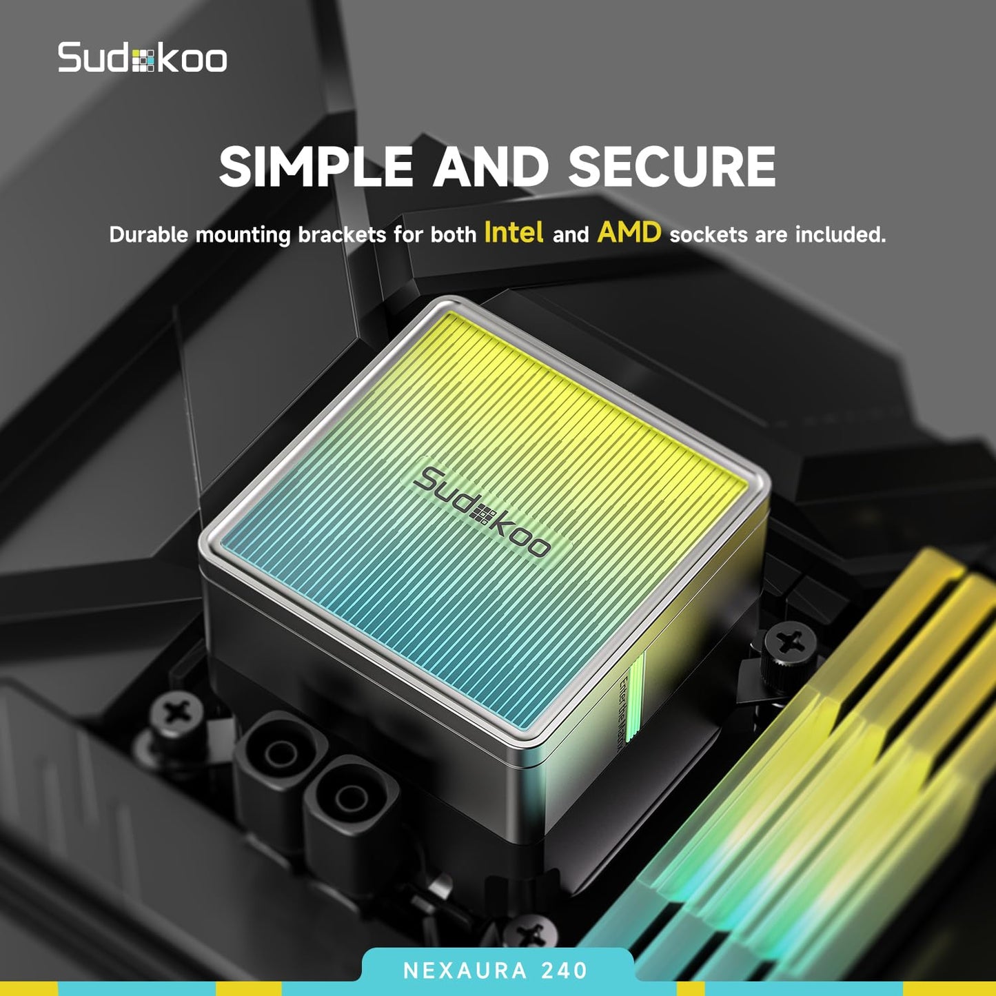 Sudokoo NEXAURA 240 Liquid CPU Cooler: 240mm AIO CPU Cooler with PWM Pump & ARGB Pump Head - Water Cooling with FDB Fans for Intel LGA 1851/1700/1200/115X AMD AM5/AM4 - Black - PuriLite