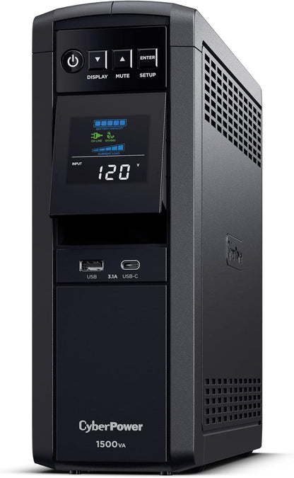 CyberPower CP1500PFCLCD PFC Sinewave UPS System, 1500VA/1000W, 12 Outlets, AVR, Mini Tower, Black - PuriLite