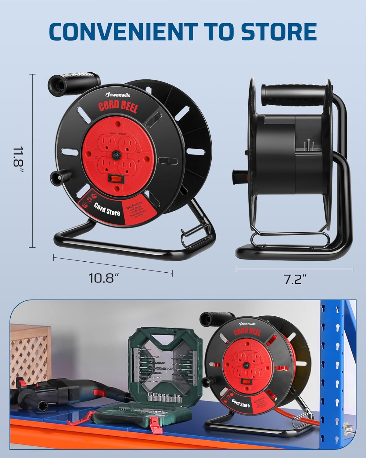 DEWENWILS Extension Cord Storage Reel with 4-Grounded Outlets, Heavy Duty Open Cord Reel for 12/3,14/3,16/3 Gauge Power Cord, Hand Wind Retractable, 10A Circuit Breaker, Rocker Power Switch - PuriLite