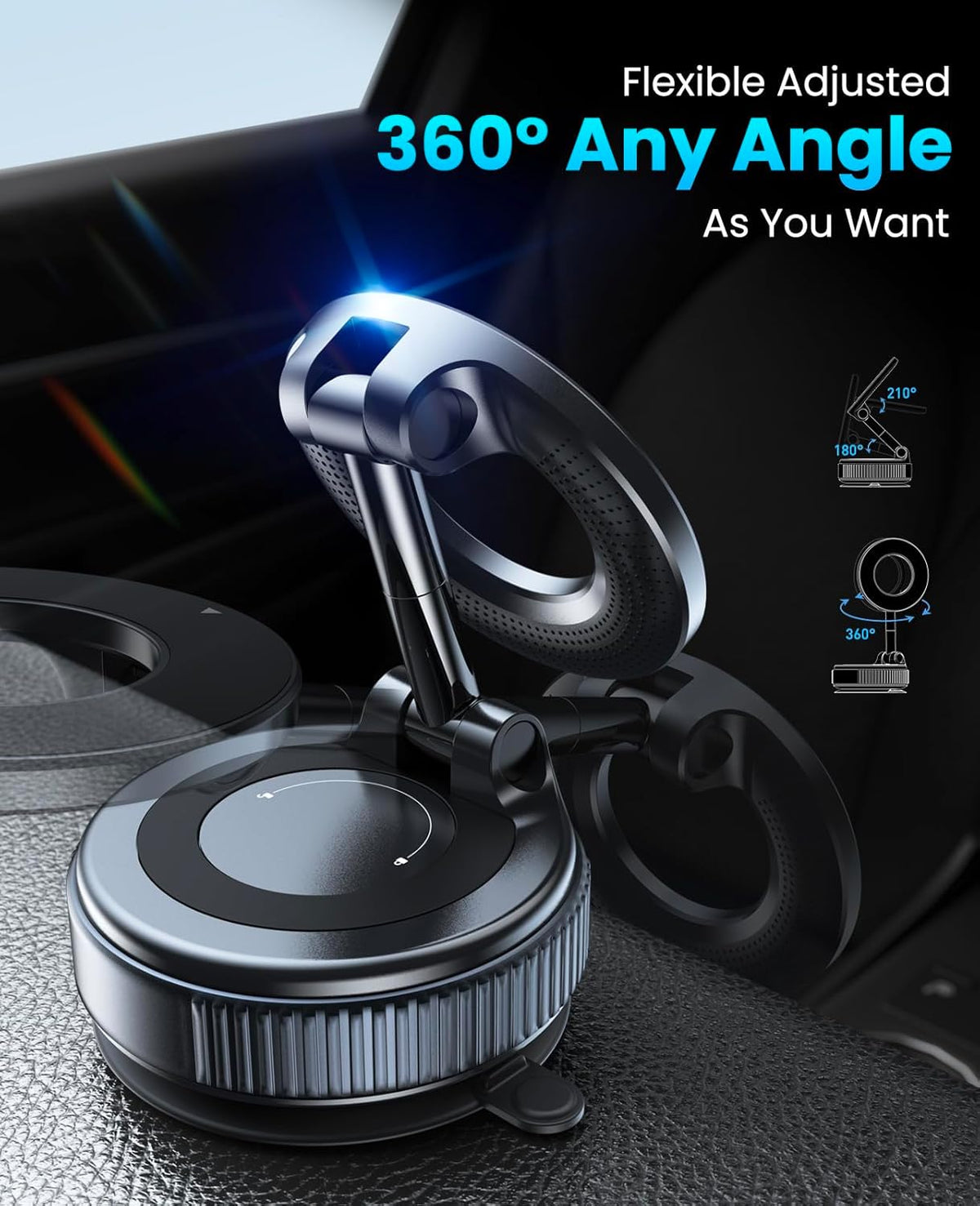Jononser Vacuum Magnetic Suction Cup Phone Mount for Magsafe, 360° Adjustable Magnetic Phone Holder, Pocket Size Foldable Portable Cell Phone Holders for Your Car for All Smartphones & All Car Models - PuriLite