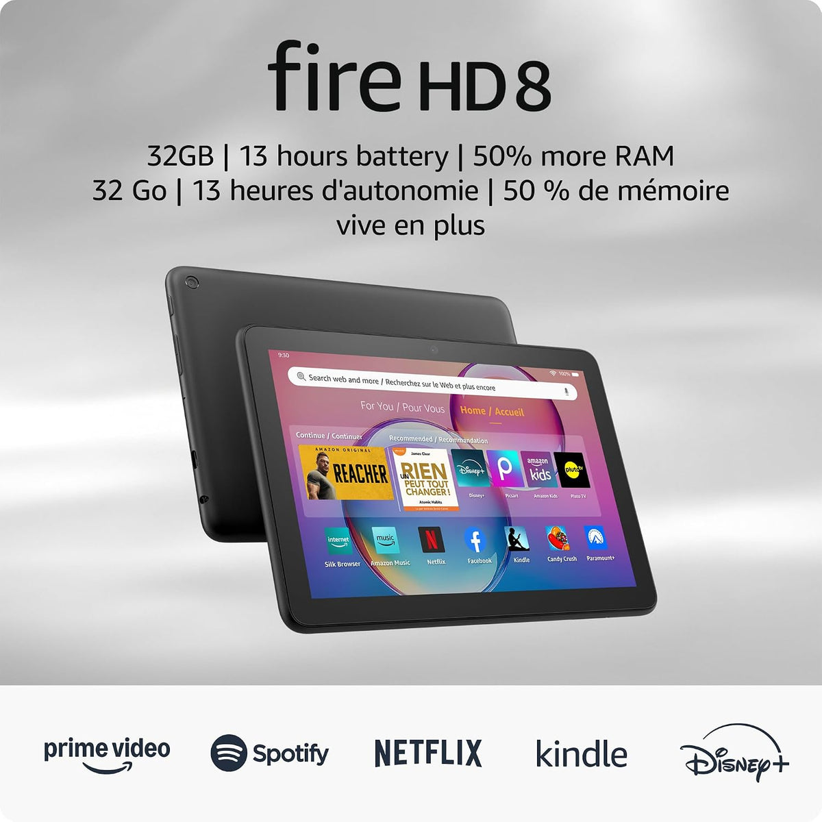 Amazon Fire HD 8 tablet, 8” HD Display, 3GB memory, 32GB, designed for portable entertainment, Black, (2024 release)