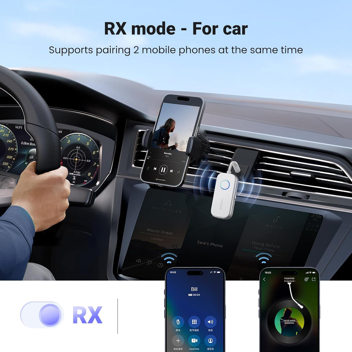 UGREEN 2 in 1 Bluetooth Transmitter and Receiver for Airplane Bleutooth 5.4 Audio Adapter with 3.5mm Aux Jack Compatible with Car, TV, Stereo System, Bluetooth Audio Splitter for Airpods Headphones - PuriLite
