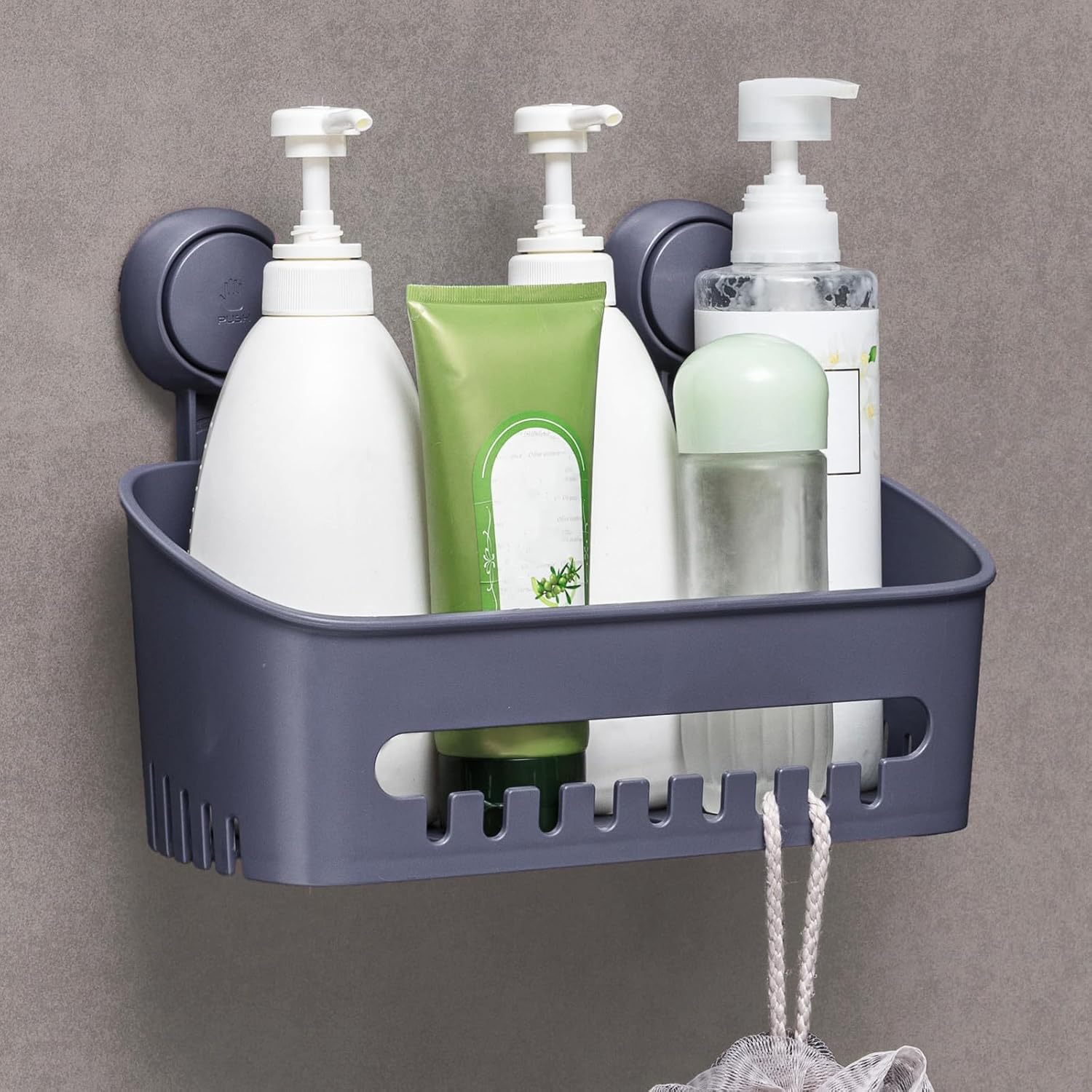 LEVERLOC Shower Caddy Suction Cup, 2 Pack Black Shower Shelf with Hooks and Soap Holder, NO-Drilling Bathroom Organizer, Rustproof Metal Bathroom Storage and Organization - PuriLite
