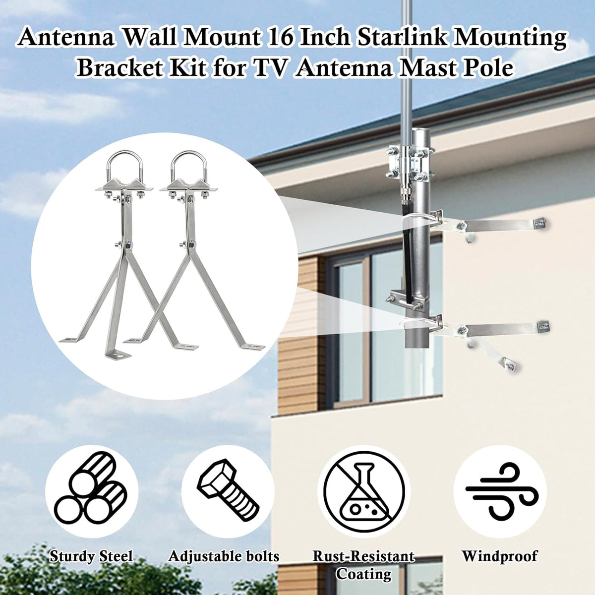 XRDS-RF 16 Inch Heavy-Duty Wall Mount Stand Off Mast for TV Antenna - Windproof Mounting Bracket (2-Leg + 2-Leg) - PuriLite