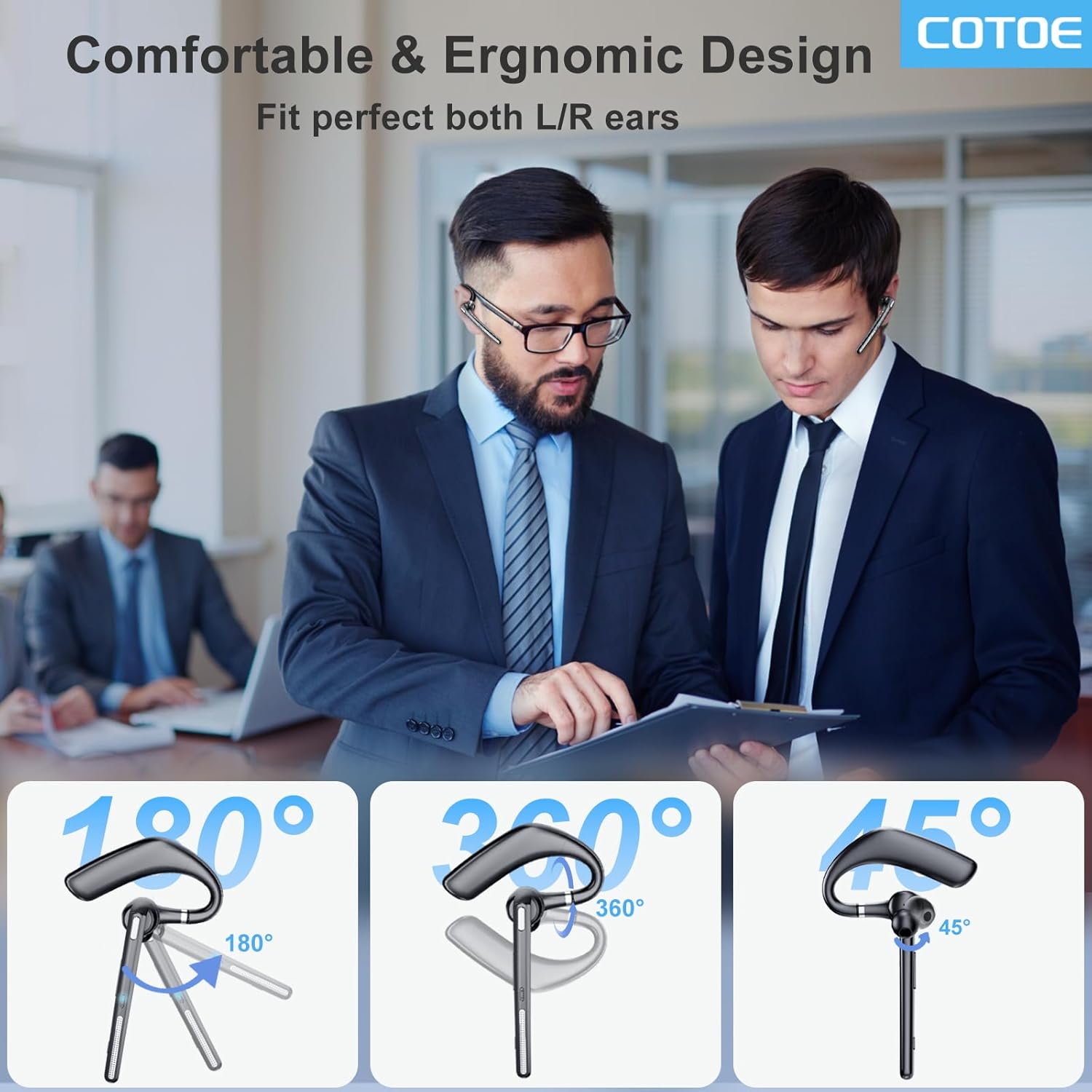 Bluetooth Headset, Bluetooth Earpiece V5.3 with Noise Cancelling Mic, Wireless Headset Hands-Free with High Capacity Battery LED Display Charging Case, Single Ear Headphones for Office/Trucker - PuriLite