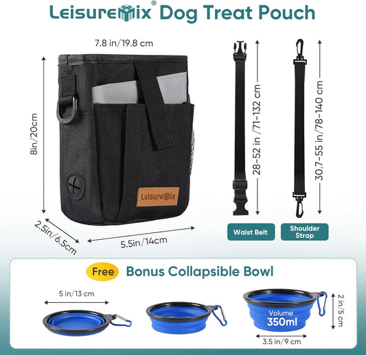 Dog Treat Pouch with Collapsible Bowl & Zippered Pockets Hands-Free Training Treat Pouch Bag for Dogs Waterproof Pet Waist Bag, Adjustable Strap Training, Hiking, Outdoor Use (Black & Olive Green) - PuriLite