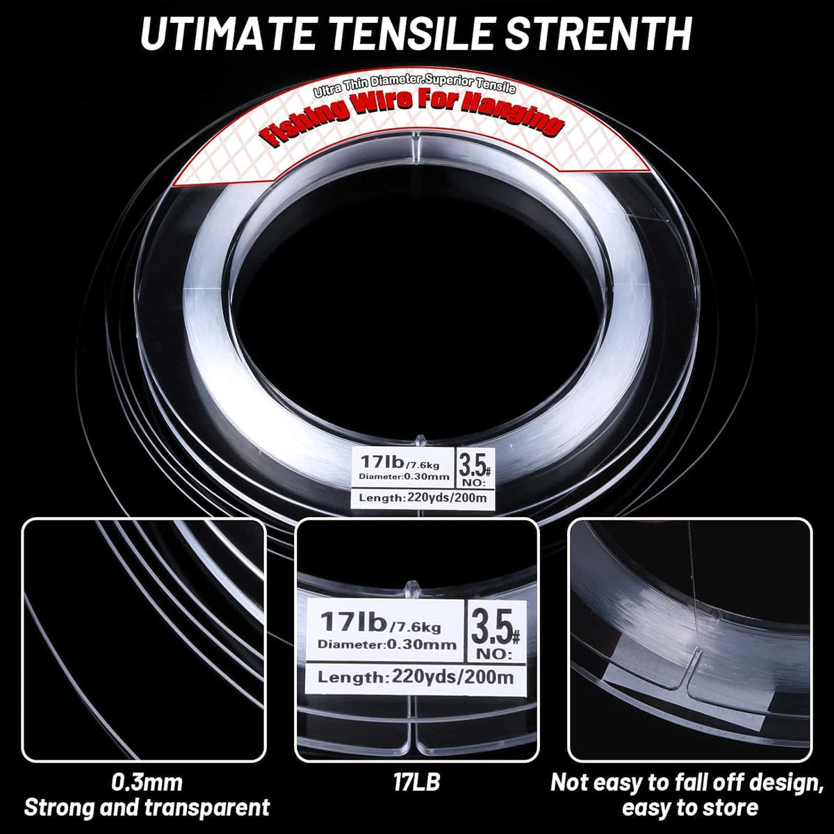 Clear Fishing Wire, Acejoz 656FT Fishing Line Clear Invisible Hanging Wire Strong Nylon String Supports 40 Pounds for Balloon Garland Hanging Decorations - PuriLite