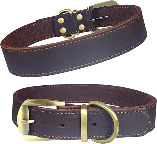 QRDA Leather Dog Collar Brown Dog Training Collar Heavy Duty Premium Leather Dog Collar Dog Collars for Medium/Large Dogs - PuriLite
