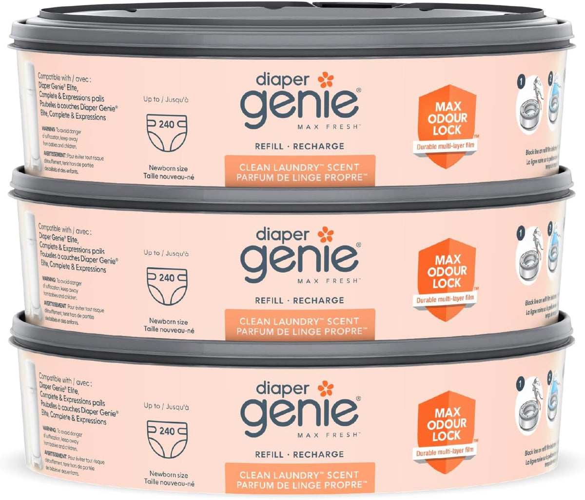 Diaper Genie Max Fresh Clean Laundry Scent Diaper Disposal Pail Refills, Pack Of 3 - PuriLite
