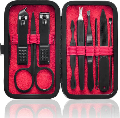 Manicure Set 9 in 1 Stainless Steel, Nail Clippers Scissors Pedicure Tools Kit - Portable Travel Grooming Kit for Men and Women with Black/Red Leather Case (Blue) - PuriLite