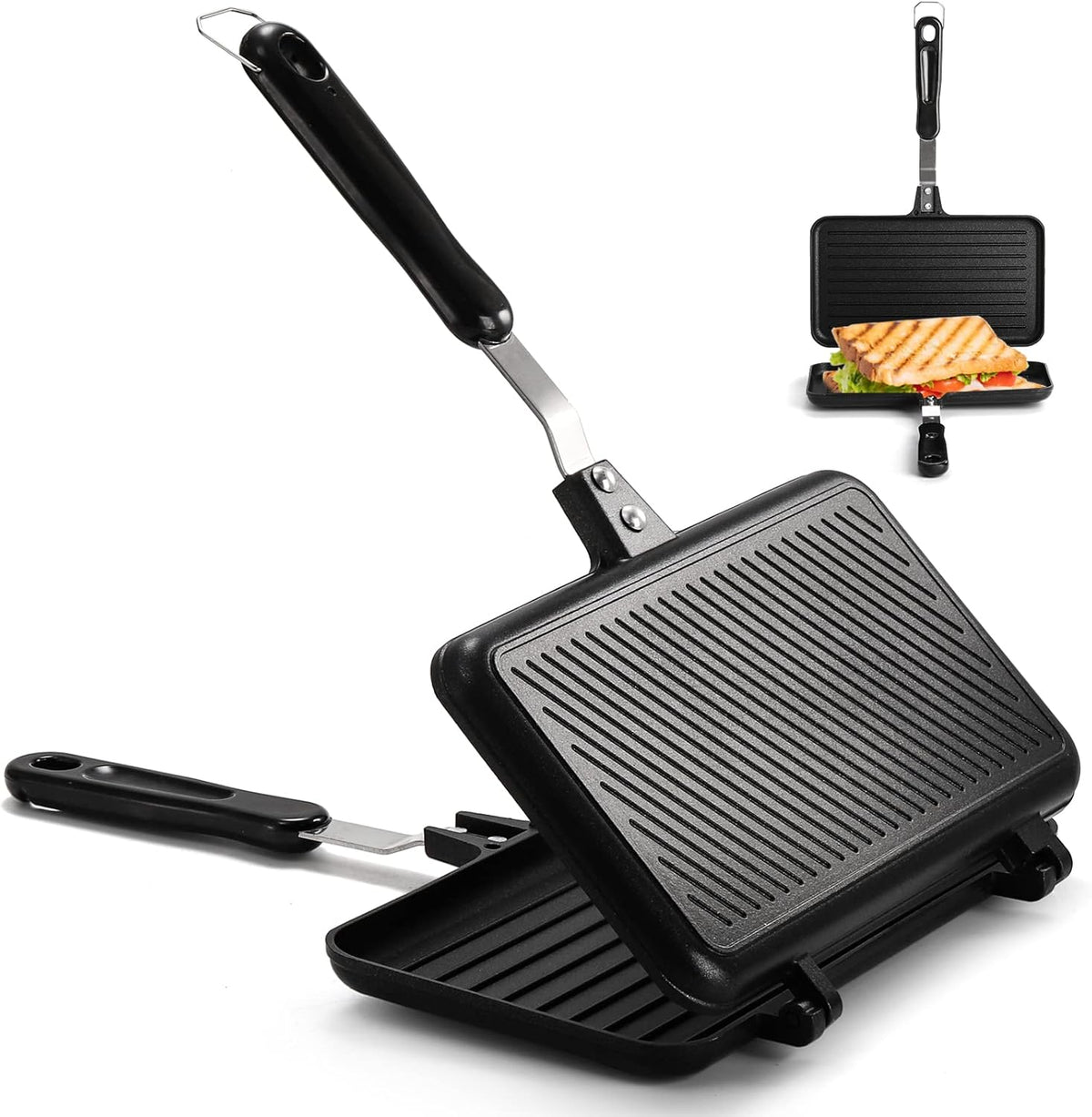 SOUJOY Sandwich Maker, Non-stick Grill Panini Maker Pan with Handle, Stovetop Toasted Aluminum Flip Pan Indoor Outdoor Camping Home Kitchen Breakfast - PuriLite