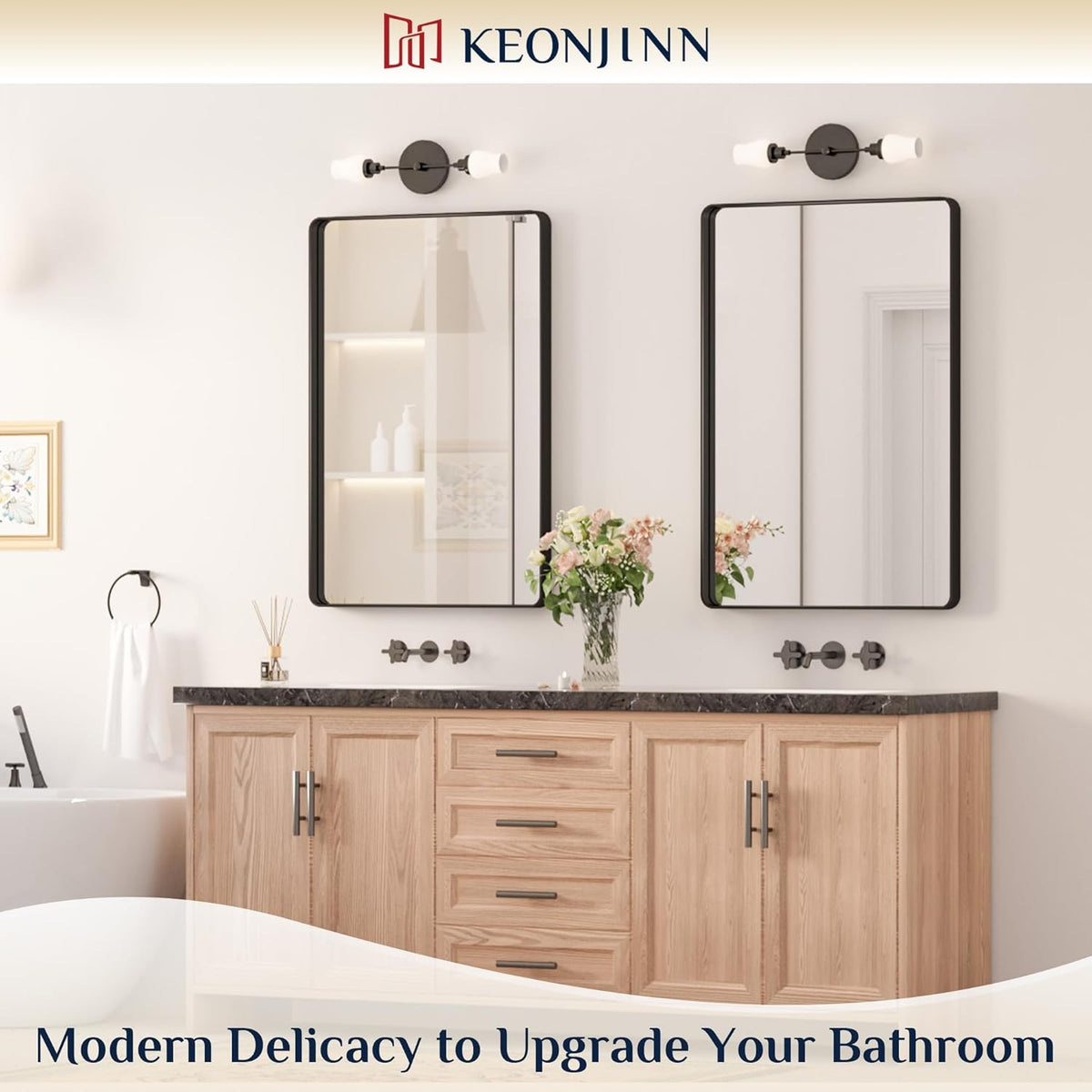 Keonjinn 42 x 36 Brushed Nickel Bathroom Vanity Mirror, Large Rounded Rectangle Bathroom Mirrors for over Sink, Metal Framed Silver Mirror for Wall, Shatterproof HD Tempered Glass(Horizontal/Vertical) - PuriLite