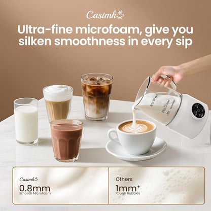 Casimhu 4-in-1 Milk Frother, Electric Milk Frother and Steamer with LED Touch Screen, Non-stick Bottom, Milk Warmer 13.52oz for Lattes, Cappuccinos, and Macchiatos at Home, White - PuriLite