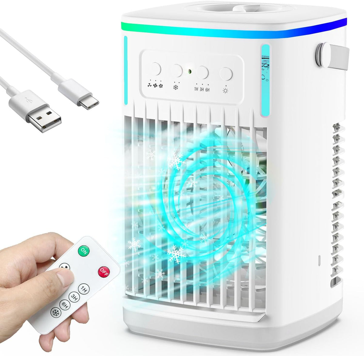Portable Air Conditioners Fan with Remote, 4-in-1 Portable AC with 1500ml Water Tank, 3 Wind Speeds, 6H Timer, 2 Cool Mist, 7 Lights, Personal Mini Air Conditioner for Room Bedroom Office (Black) - PuriLite