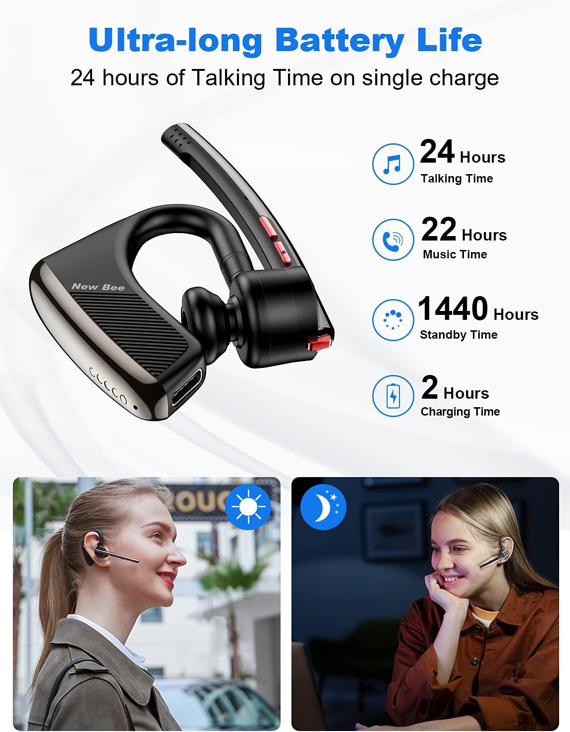 Bluetooth Headset V5.2 New Bee Bluetooth Earpiece CVC8.0 Dual Mic Noise Cancelling Wireless Handsfree 24Hrs Talktime Driving Headset with Mic Mute for iPhone Android Smartphone Business Office - PuriLite