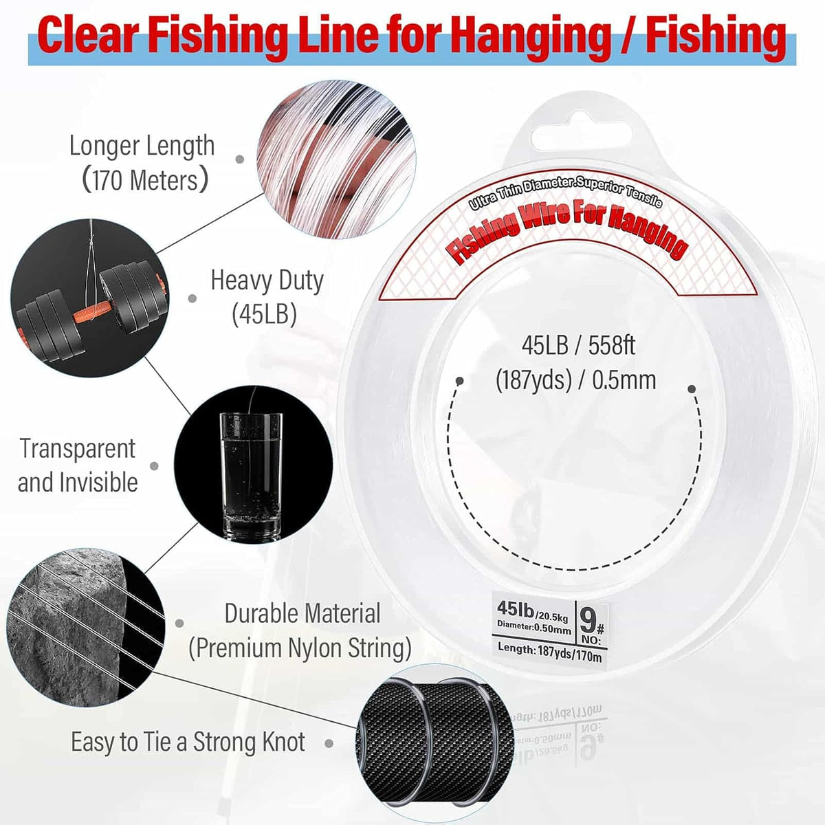 Clear Fishing Wire, Acejoz 656FT Fishing Line Clear Invisible Hanging Wire Strong Nylon String Supports 40 Pounds for Balloon Garland Hanging Decorations - PuriLite