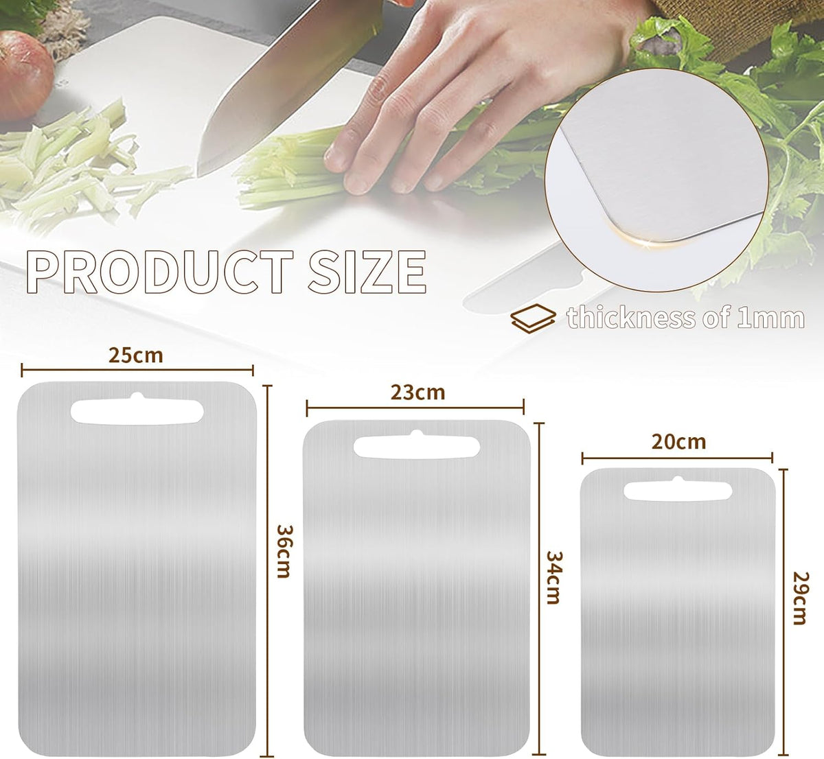 Set of Three Double-Sided Cutting Boards,304 Stainless Steel Cutting Board,Stainless Steel Cutting Board for Vegetables, Meat and Fruit - PuriLite