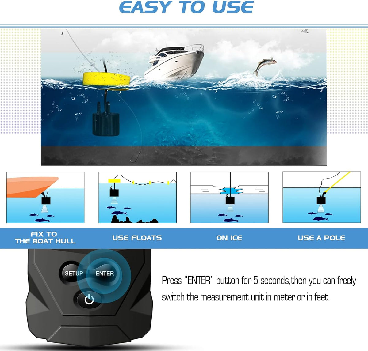 Atibin Portable Water Fish Finder Transducer Wired Handheld Depth Finder Sonar LCD Display Fish Finders Kayak FF068 - PuriLite