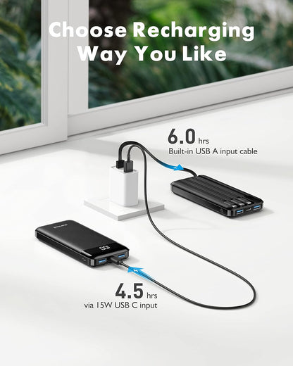 Charmast 2 Pack of Portable Chargers with Built in Cables, 2PCS Slim 10000mAh Travel Essentials Battery Pack 6 Outputs 3A Power Banks for iPhone Samsung Pixel LG Moto iPad (Black + Black) - PuriLite