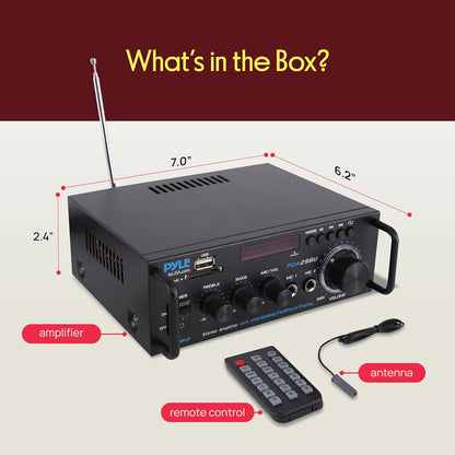 Pyle Bluetooth Amplifier-Wireless Dual Channel Stereo Amp, Powerful and Compact, 200W, LED Display, RCA/USB/SD/AUX/MIC in, FM Radio, Perfect for Home and Studio Audio - PuriLite