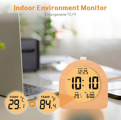 Plumeet Wooden Digital Alarm Clock for Bedrooms, Wood 4'' Battery Powered Alarm Clock with Snooze and Nightlight, Electronic LCD Desk Clock Display Time, Date, Temp, 12/24H, Wood Décor (Sapele, 3.2'') - PuriLite