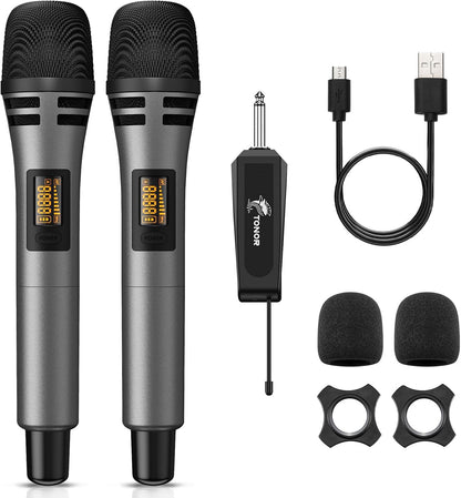 TONOR Wireless Microphones, UHF Dual Karaoke Microphone System, Microfonos Inalambricos with Rechargeable Receiver, Cordless Dynamic Mic for Singing, Wedding, DJ, Party, Speech TW320 Grey - PuriLite