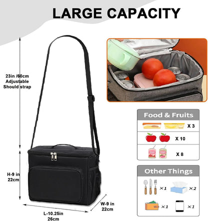 Lunch Bag for Adult Men Women Reusable 10L Large Thermos Lunch Box Food Cooler Bag Leakproof Heated Lunch Bag for Work Office Outdoor Picnic School Unisex Insulated Bag, 12+ Cans (Black) - PuriLite
