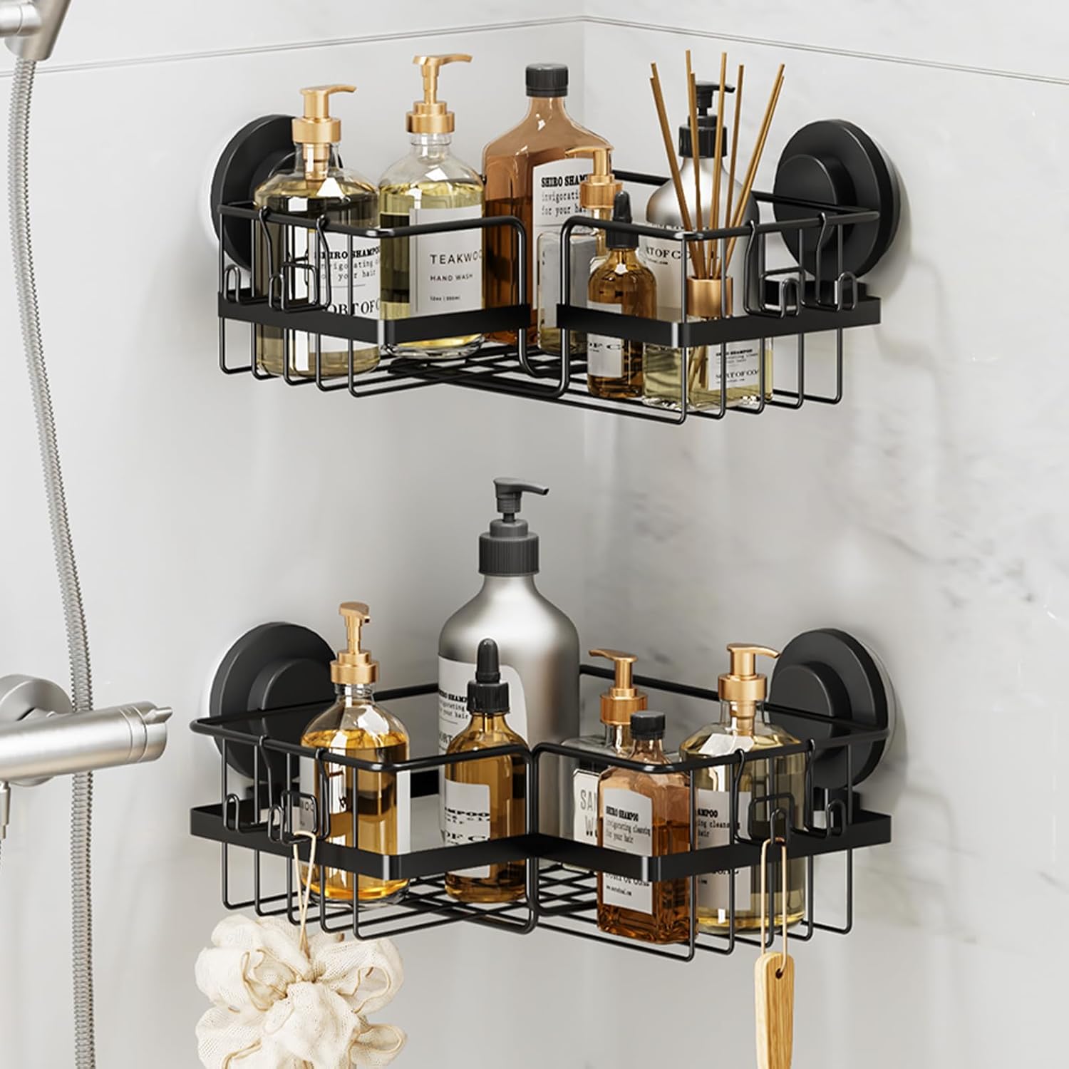 LEVERLOC Shower Caddy Suction Cup, 2 Pack Black Shower Shelf with Hooks and Soap Holder, NO-Drilling Bathroom Organizer, Rustproof Metal Bathroom Storage and Organization - PuriLite