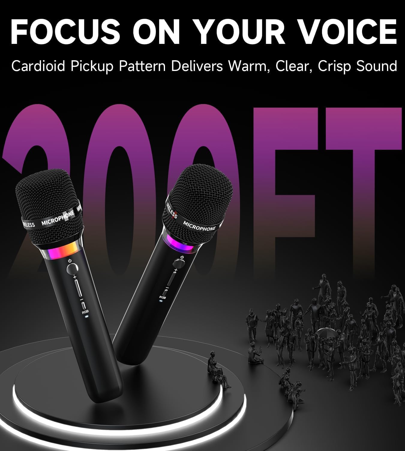 Wireless Microphone, Rechargeable Wireless Microphones with One-to-One Chip Connection and LED Lights, 40H Duration, 200FT Range Receiving, Less Latency Karaoke Microphone for Singing, Speech, Party - PuriLite