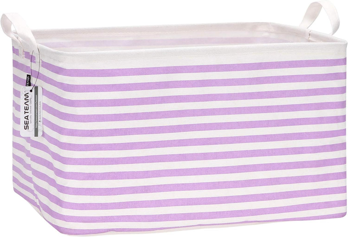 Sea Team 16.5 x 11.8 x 9.8 inches Square Canvas Fabric Storage Bins Shelves Storage Baskets Organizers for Nursery & Kid's Room, Grey Stripe - PuriLite
